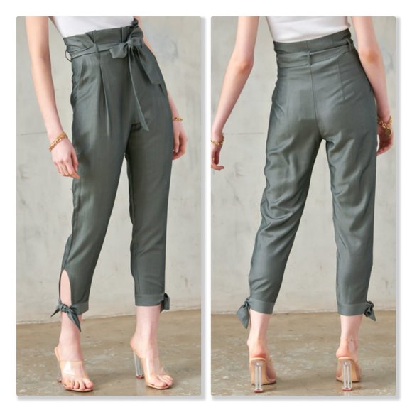 Boutique Pants - Paperbag Pants With Ankle Tie Detail in Gray Olive